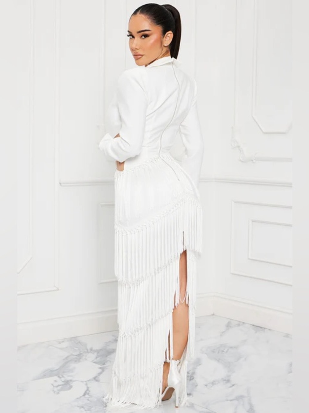 Fashion Nova Gown Deep V Plunge Fringe Plunge Day Night Gown - Picture 4 of 16
